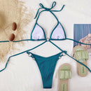2 in 1 Solid Color Pit-striped Bikini Ladies Split Swimsuit Set with Chest Pad (Color:Green Size:L)