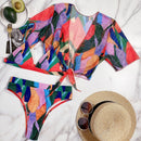3 in 1 Square Print Bikini Ladies Split Swimsuit Set with Short Top (Color:Red Size:M)