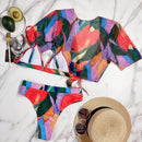 3 in 1 Square Print Bikini Ladies Split Swimsuit Set with Short Top (Color:Red Size:M)
