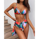 3 in 1 Square Print Bikini Ladies Split Swimsuit Set with Short Top (Color:Red Size:M)