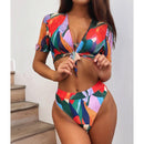 3 in 1 Square Print Bikini Ladies Split Swimsuit Set with Short Top (Color:Red Size:M)