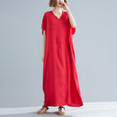 Ladies Bohemian Style Solid Color V-neck Long Robe Dress (Color:Red Size:One Size)