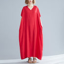 Ladies Bohemian Style Solid Color V-neck Long Robe Dress (Color:Red Size:One Size)