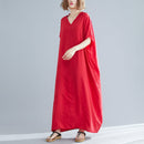 Ladies Bohemian Style Solid Color V-neck Long Robe Dress (Color:Red Size:One Size)
