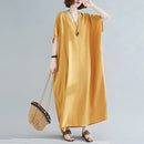 Ladies Bohemian Style Solid Color V-neck Long Robe Dress (Color:Yellow Size:One Size)