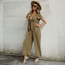 Women Solid Color Sexy Nine-point Wide-leg Jumpsuit (M)
