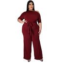 Solid Color Oblique Shoulder Strap Jumpsuit Wide-leg Pants (Color:Wine Red Size:XXXL)