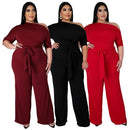 Solid Color Oblique Shoulder Strap Jumpsuit Wide-leg Pants (Color:Wine Red Size:XXXL)