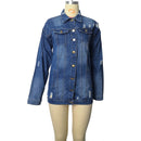 Women Plus Size Mid-length Ripped Denim Trench Coat (L)