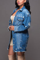 Women Plus Size Mid-length Ripped Denim Trench Coat (XXL)