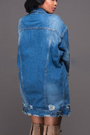 Women Plus Size Mid-length Ripped Denim Trench Coat (XXL)