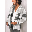Lapel Long Sleeve Flannel Check Shirt Loose Casual Cardigan Jacket for Ladies (Color:Black And White Size:XXL)