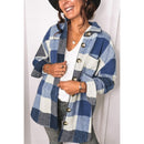 Lapel Long Sleeve Flannel Check Shirt Loose Casual Cardigan Jacket for Ladies (Color:Blue Size:S)