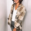 Lapel Long Sleeve Flannel Check Shirt Loose Casual Cardigan Jacket for Ladies (Color:Khaki Size:S)