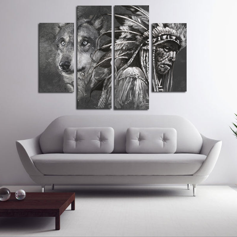 Miico Hand Painted Four Combination Decorative Paintings Indian And Wolf Wall Art For Home Decoration
