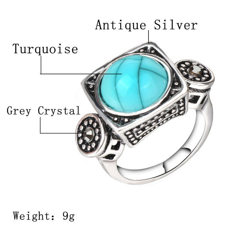 Fashion Blue Turquoise Crystal Finger Ring Geometric Antique Silver Rings Ethnic Jewelry
