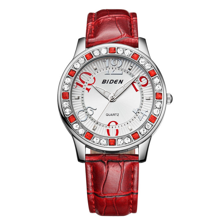 BIDEN BD1110 Classic Crystal Women Wrist Watch Leather Strap Casual Quartz Watch