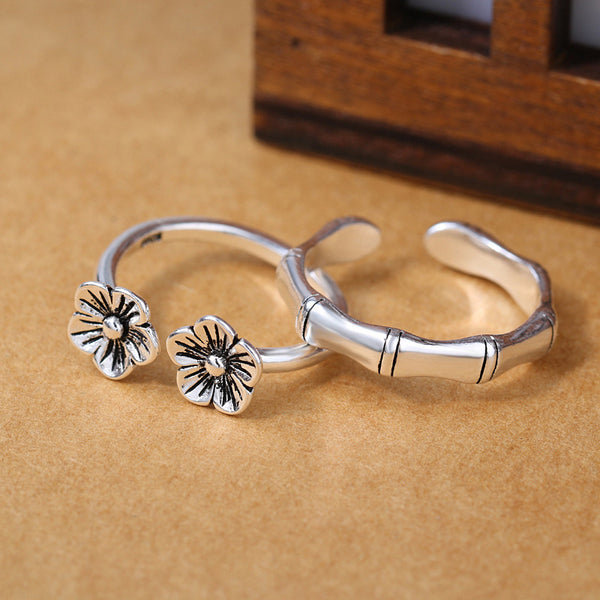 Ethnic Vintage Plum Flower Bamboo Opening Adjustable Finger Ring Couple Jewelry