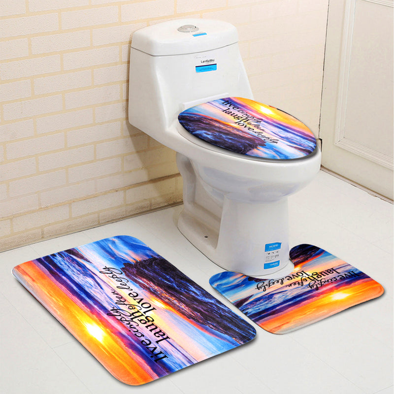 Sandy Beach Waterproof Bathroom Shower Curtain Toilet Cover Mat Non-Slip Rug Set