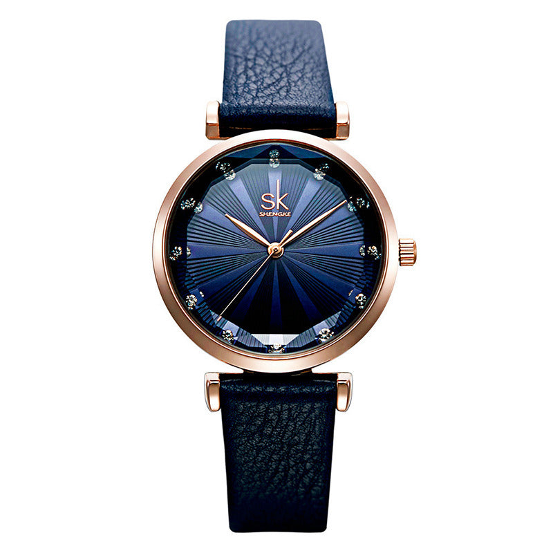 SHENGKE SK K0099 Crystal Radiation Pattern Dial Women Elegant Leather Strap Quartz Watch