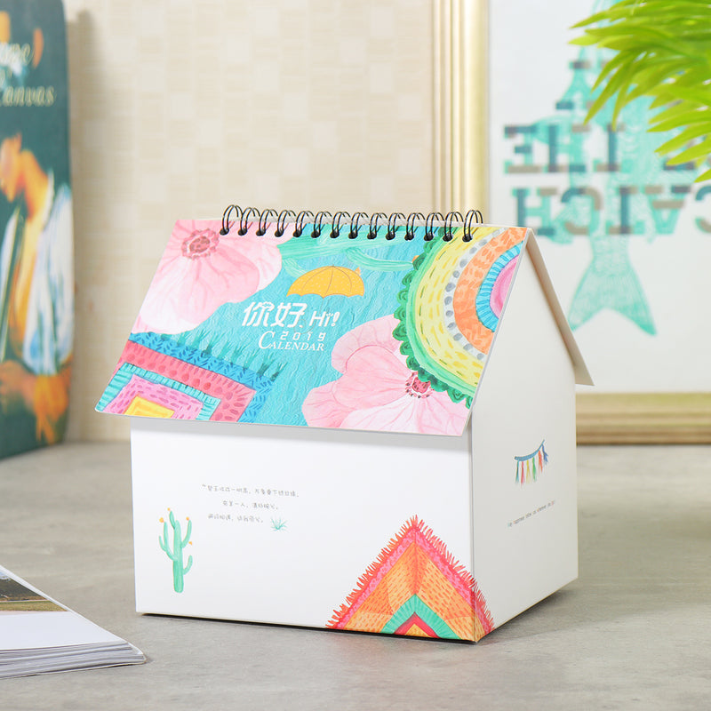2019 Calendar Folding House Desktop Table Paper Note Storage Box Daily Organizer