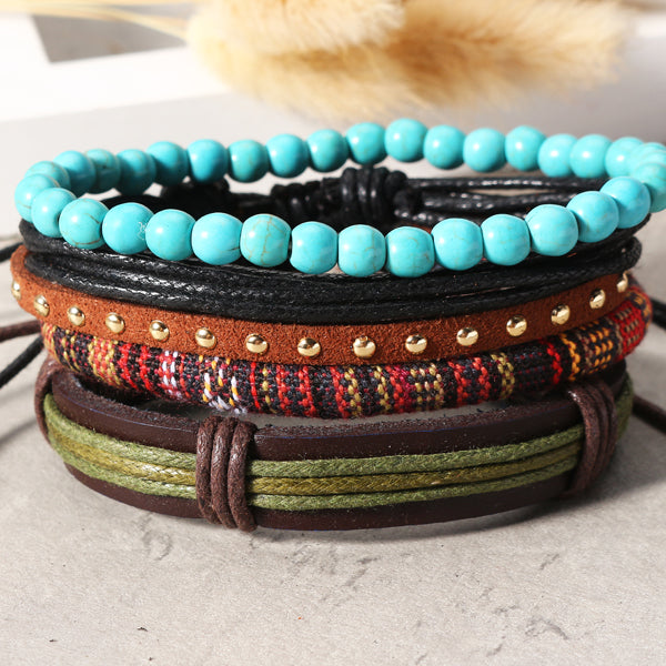 Punk Multilayer Bracelets Adjustable Woven Beads Leather Bracelets for Men