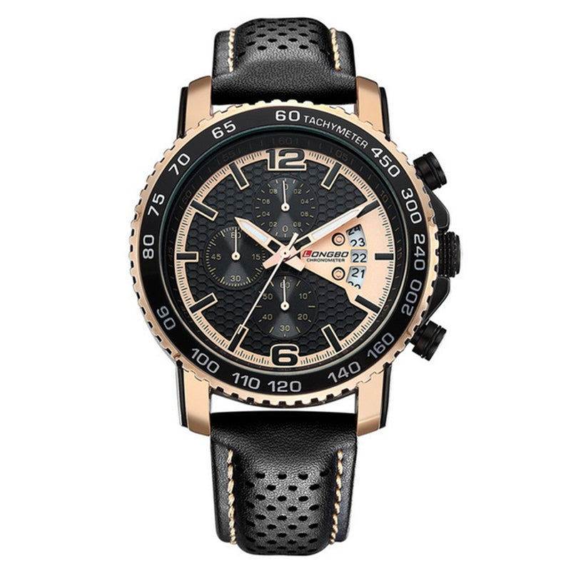 LONGBO 80176 Chronograph Calendar Quartz Watch Waterproof Leather Strap Men Watch