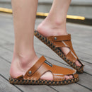 R493 Men Outdoor Summer Leather Casual Round Toe Flat Soft Beach Slipper Sport Dad Shoes Sandals