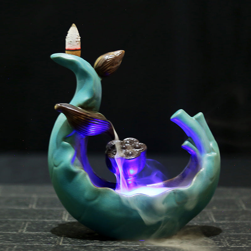 Ceramic LED Light Lotus Pond Incense Smoke Burner Backflow Incense Holder w/ 10 Cones