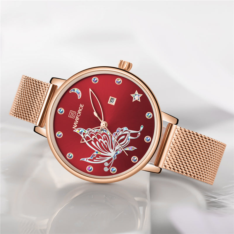 NAVIFORCE 5011 Mesh Steel Band Ladies Wrist Watch 3ATM Waterproof Dress Quartz Watch