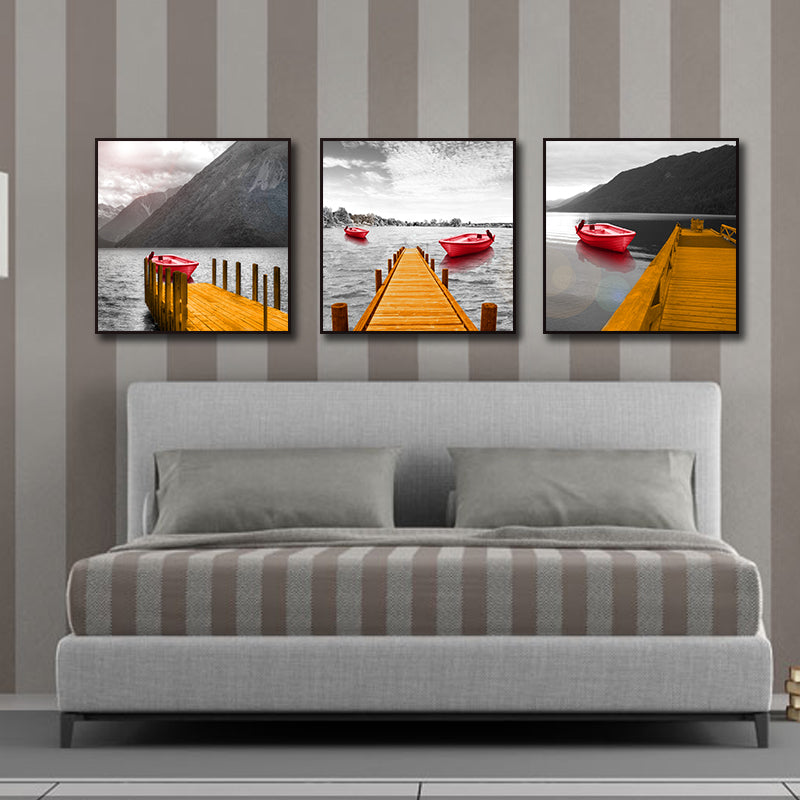 Miico Hand Painted Three Combination Decorative Paintings Red Boat Wall Art For Home Decoration