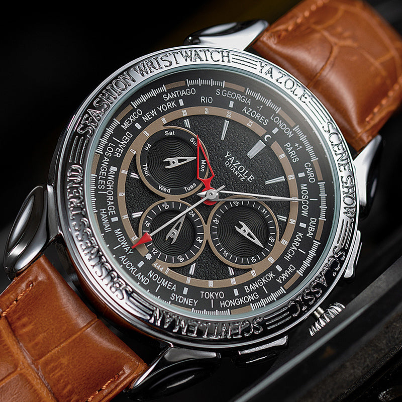 YAZOLE 444 Texture Three Small Dial 24h Display Week Display Men Fashion Quartz Watch