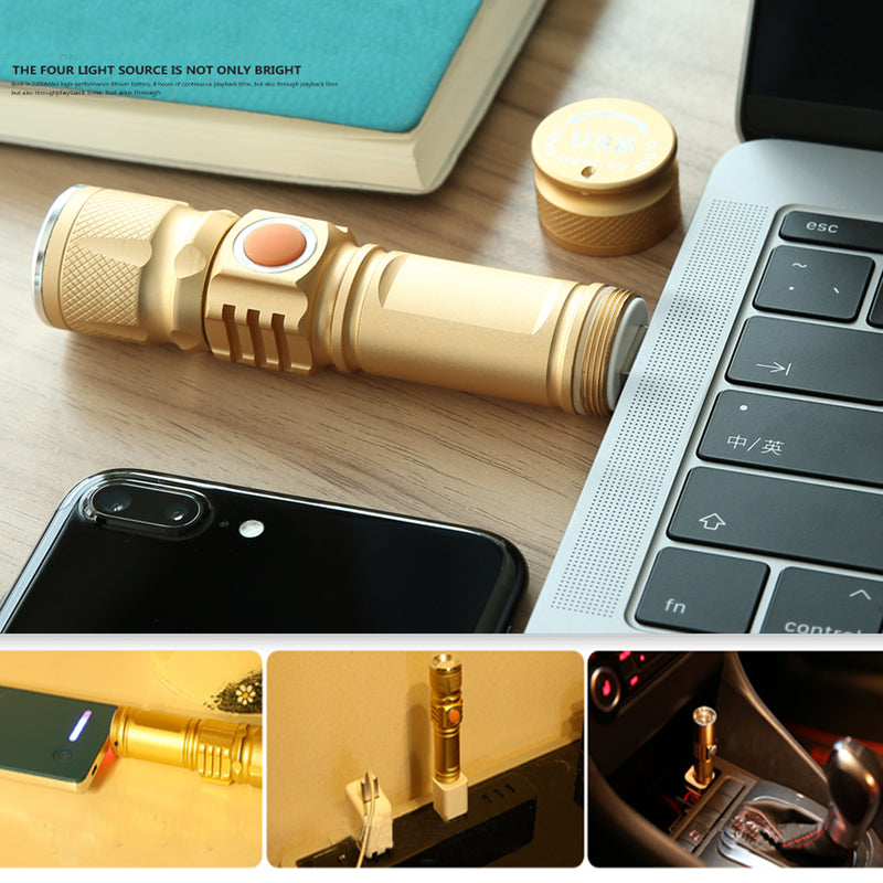 T6 USB Rechargeable LED Flashlight 10X Telescopic zoom Power Work Spot Light Lamp