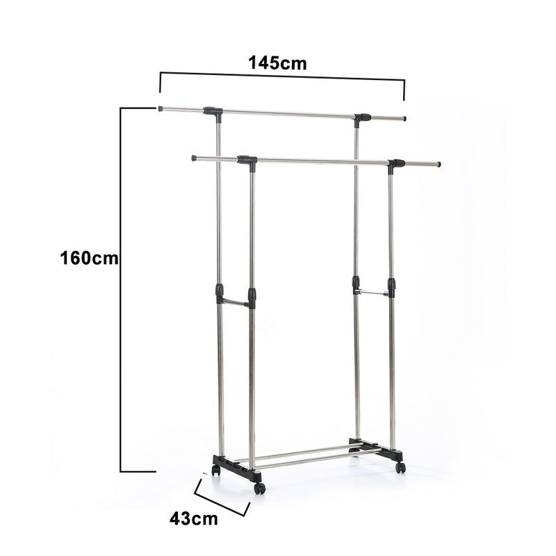 Adjustable Stainless Steel Rolling Rail Movement Cloth Storage Drying Rack Double Bar Hanger Garment