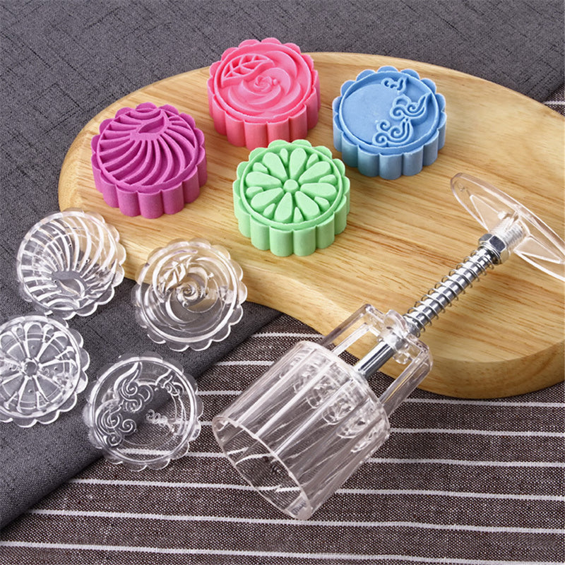 4 Stamps Moon Cake Mould 3D DIY Transparent Round Mooncake Mold Mid-autumn Festival Baking Accessories