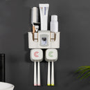 Toothpaste Dispenser Toothbrush Holder No Drill Wall Mount Bathroom Storage Shelf Rack
