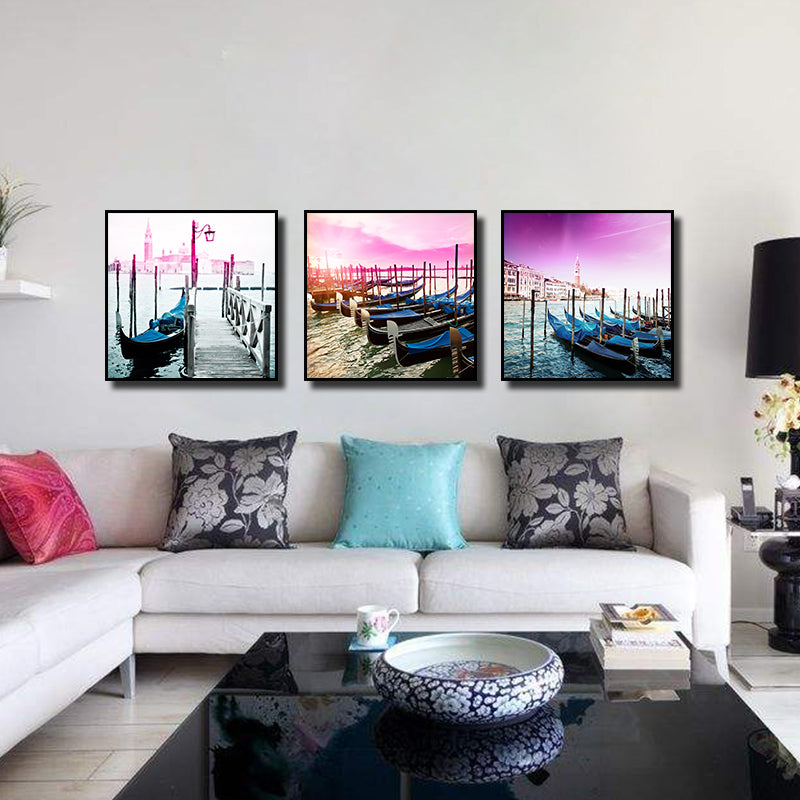 Miico Hand Painted Three Combination Decorative Paintings Shipside Wall Art For Home Decoration