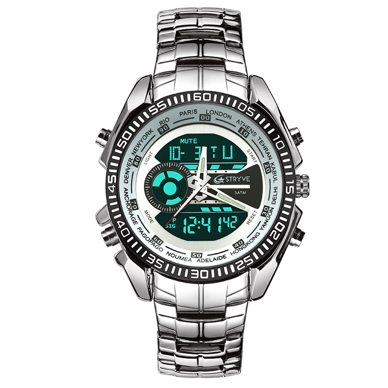 STRYVE S8016 Stainless Steel Calendar Stopwatch Chrono Alarm LED Dual Display Digital Watch