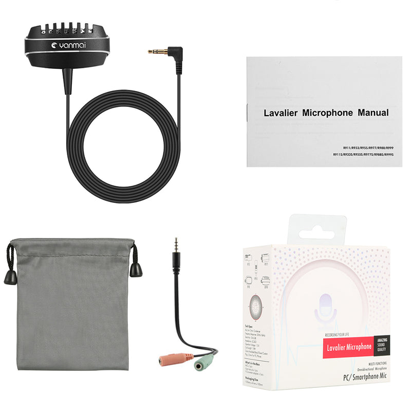 Yanmai R999 Lavalier Omnidirectional Condenser Microphone Clip-on Microphone Dual Capacitor Mini Microphone For Smartphone Camera for Video Voice Lectures Business Conference
