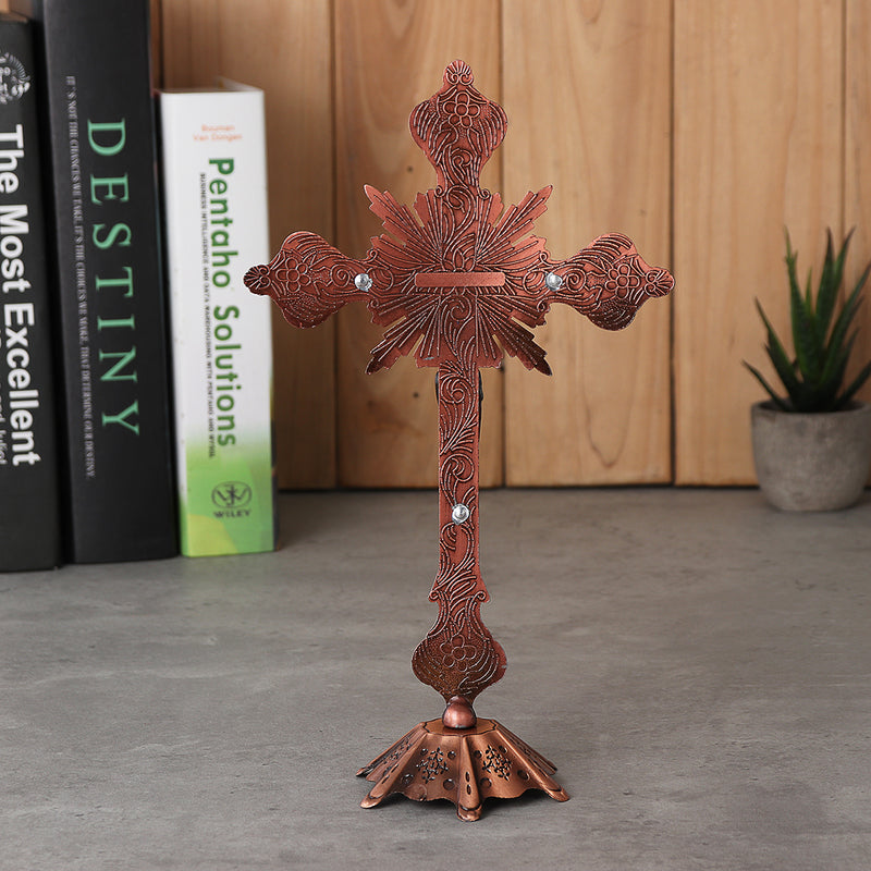Antique Red Copper INRI Catholic Altar Standing Religious Crucifix With Base 10 inch Decorations