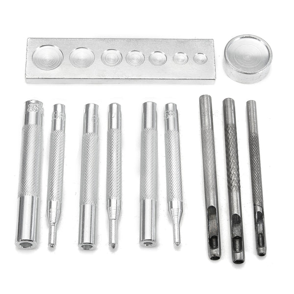 12Pcs Metal Hole Punches Snap Rivet Fasteners Tool Setter Base Set for DIY Leathercraft