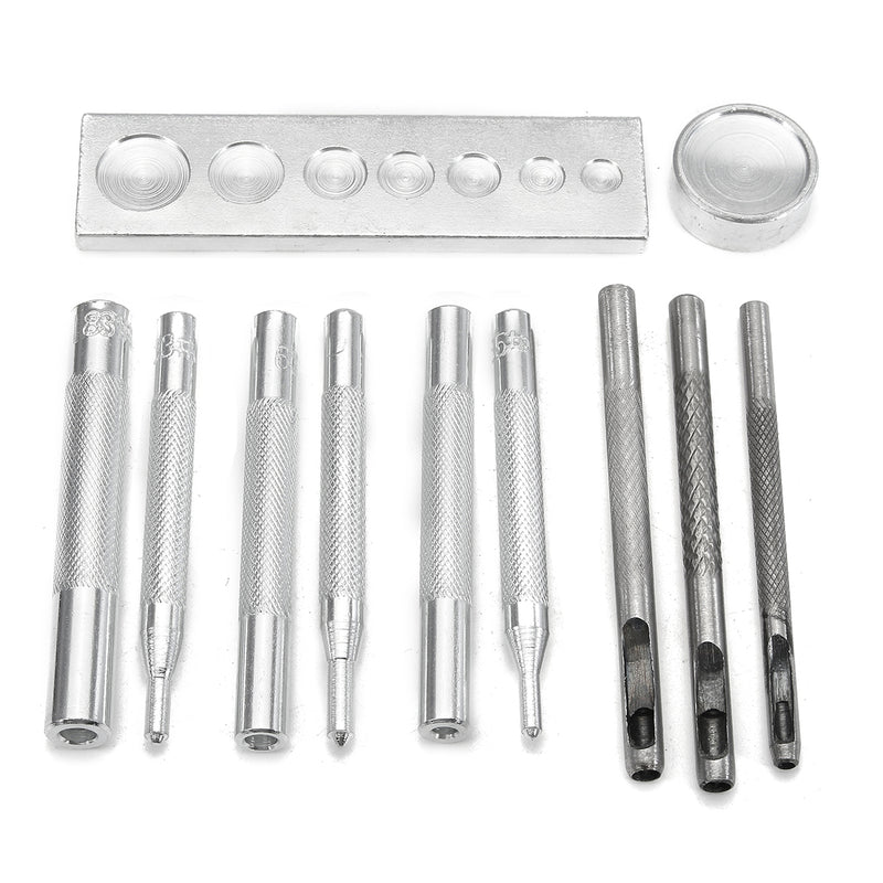 12Pcs Metal Hole Punches Snap Rivet Fasteners Tool Setter Base Set for DIY Leathercraft