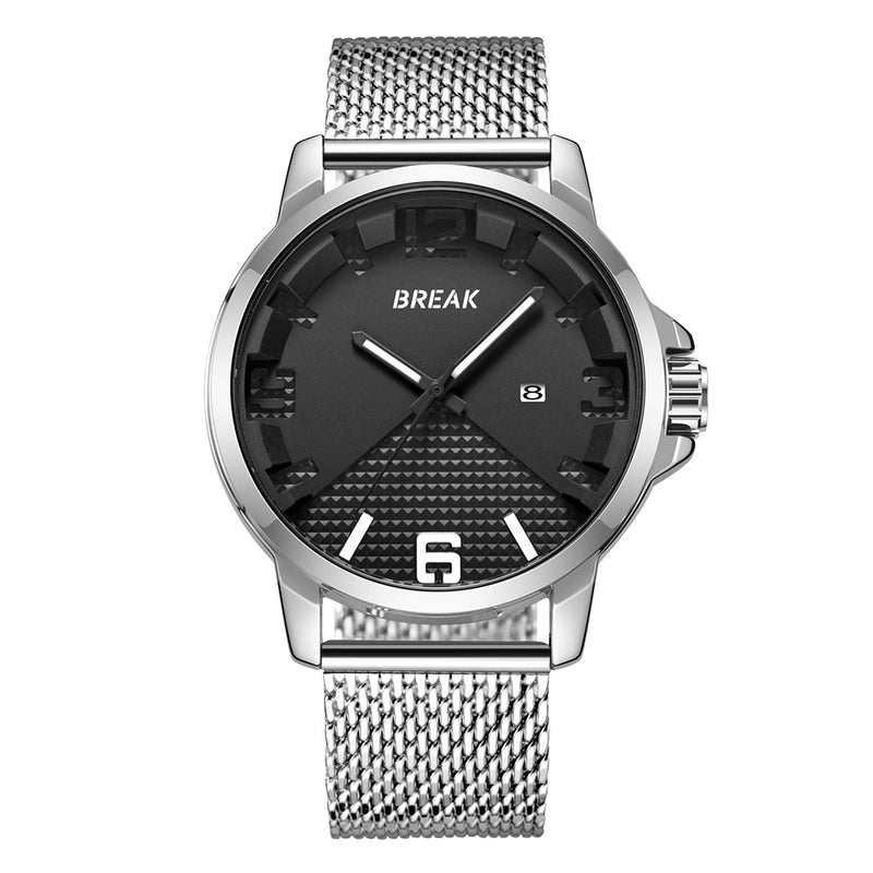 BREAK 3301 Calendar Sport Men Wrist Watch Simple Design Stainless Steel Quartz Watches