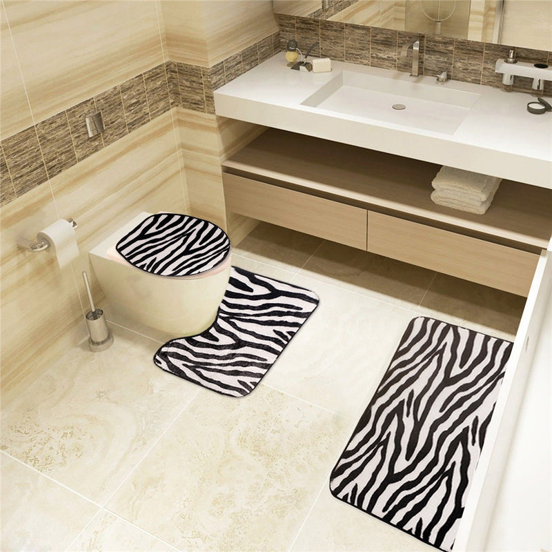 3 Sets Toilet Seat Zebra Pattern Carpet Fabric Printing Bathroom Mat Non-slip Floor Mat
