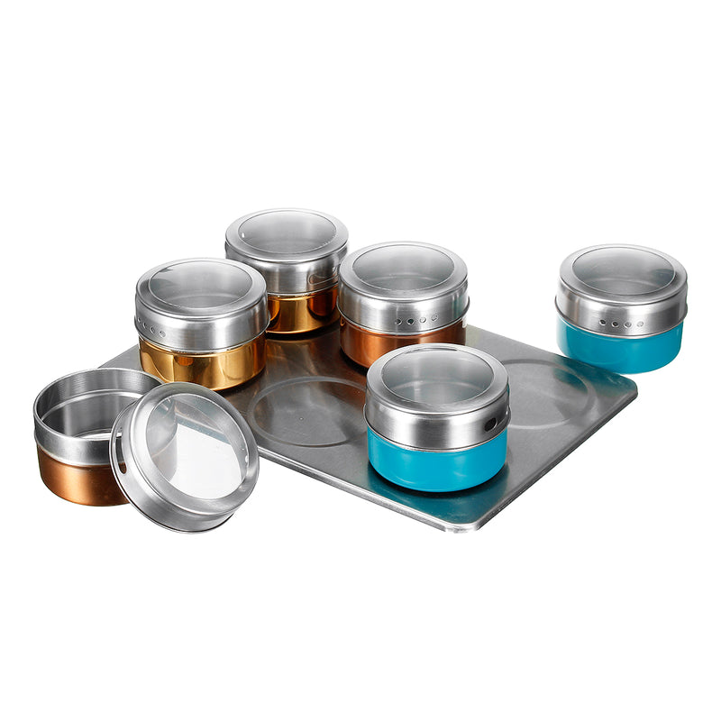 6Pcs Magnetic Spice Jar Tin Storage Stainless Steel Rack Kitchen Holder Stand