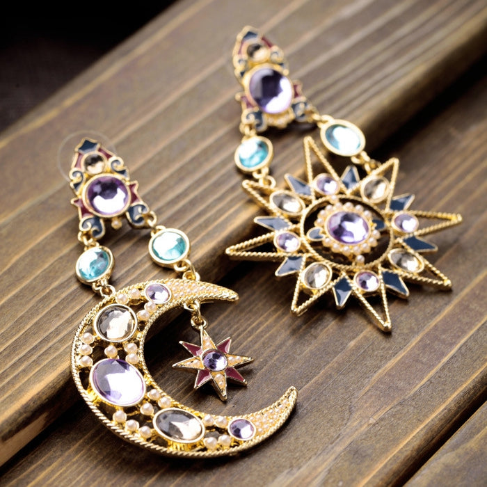 Bohemian Goddess Moon Sun Ear Drop Earring Gold Rhinestone Earring For Women