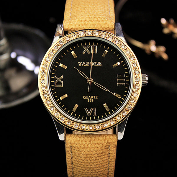 YAZOLE 359 Fashion Women Quartz Watch Retro Crystal Gold Luxury Genuine Leather Watch Ladies Watch