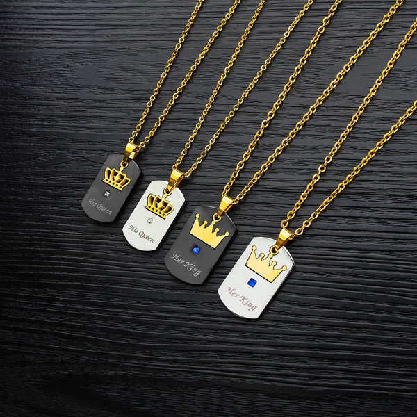 Her King His Queen Crown Couple Square Titanium Steel Necklace