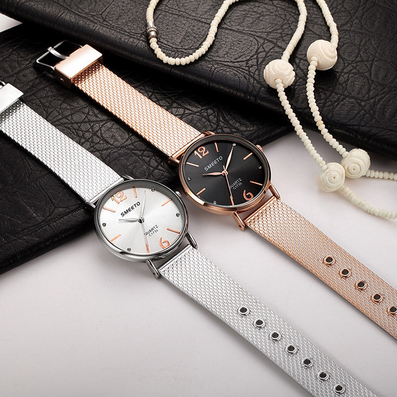 SMEETO Casual Style Women Quartz Watch Fashion Dial Stainless Steel Strap Ladies Dress Wristwatch