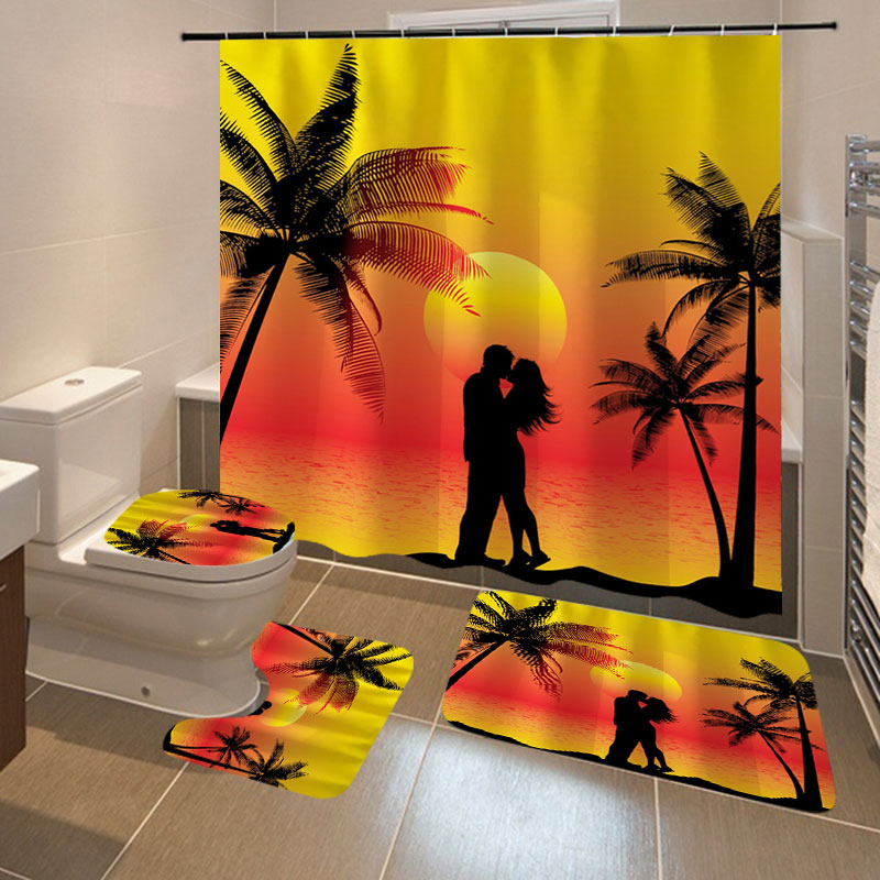 Honana 4PCS Bathroom Waterproof Shower Curtain Summer Seaside Pattern Bathroom Toilet Seat Cover Pedestal Rug Bath Mat